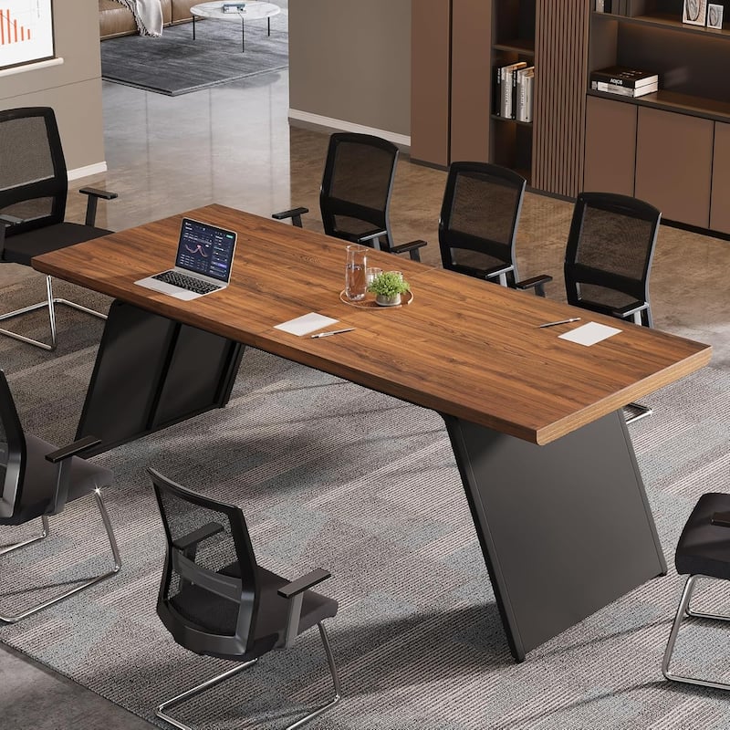 6.57 FT Conference Room Table, Rectangle Executive Desk, 79" L x 27.56" W - Brown&Black-2 Pieces
