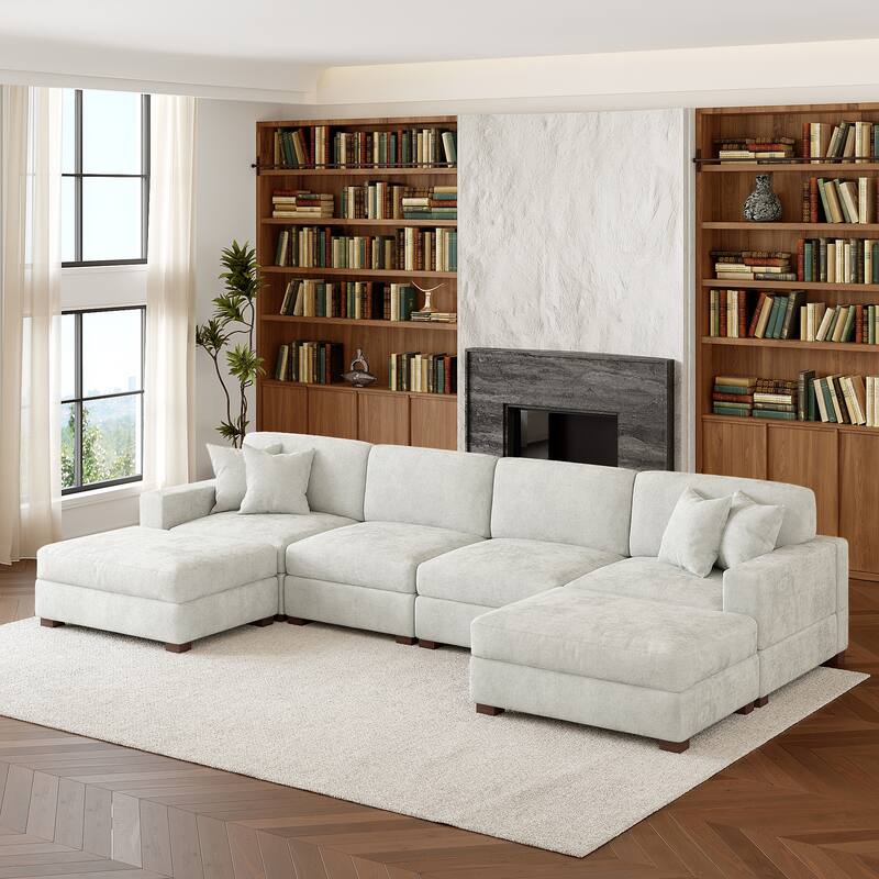 Oversized Chenille Modular Sectional Sofa Conversation Set with 2 Ottomans