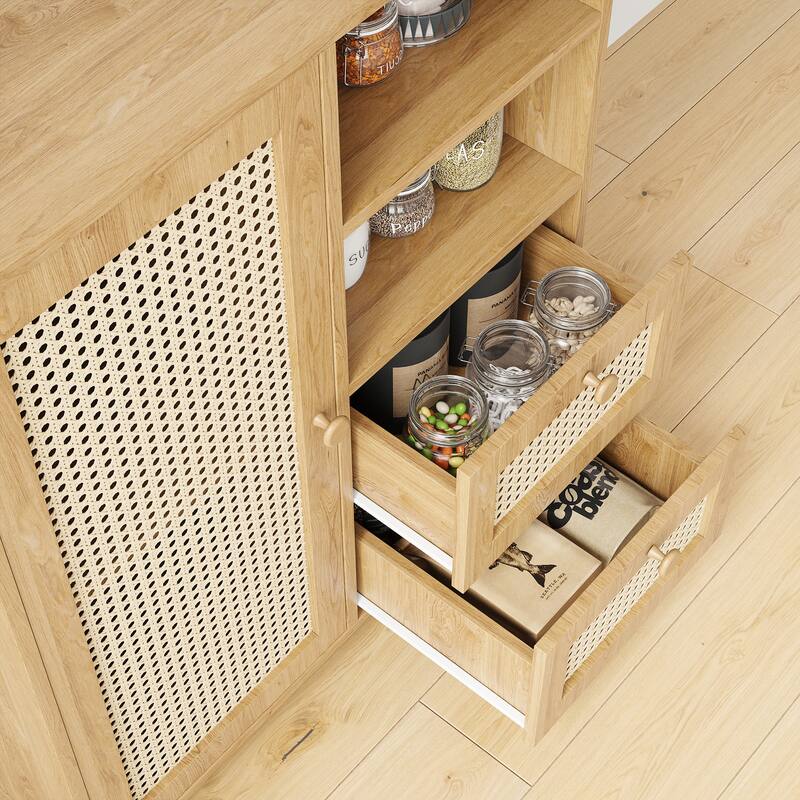 Rattan Buffet Cabinet with Adjustable Shelf, Sideboard with Drawers for Living Room, Kitchen, Entryway