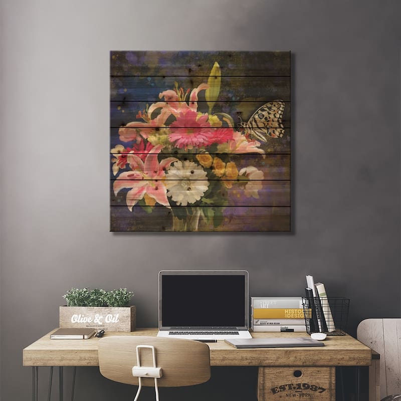 Bright Floral And Butterfly Print On Wood by Thomas Little - Multi-Color