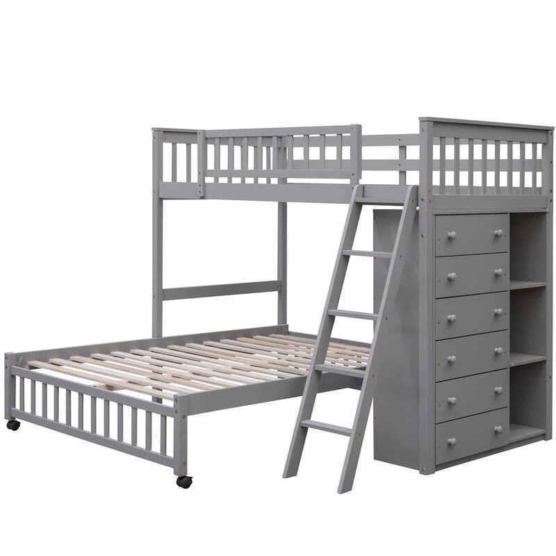 Twin Over Full Bunk Bed with Drawers, Shelves, and Wheels, Gray Finish