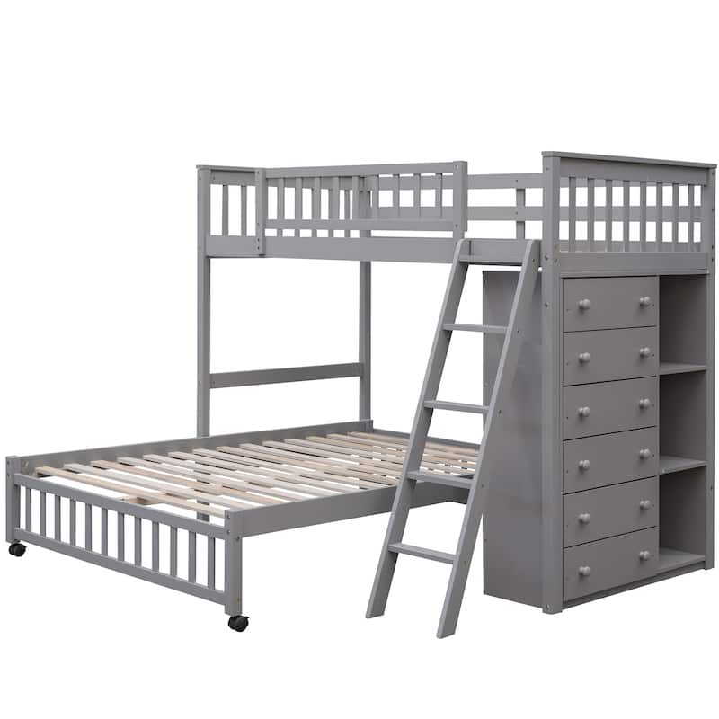 Twin Over Full Wood Bunk Bed with Six Drawers and Shelves