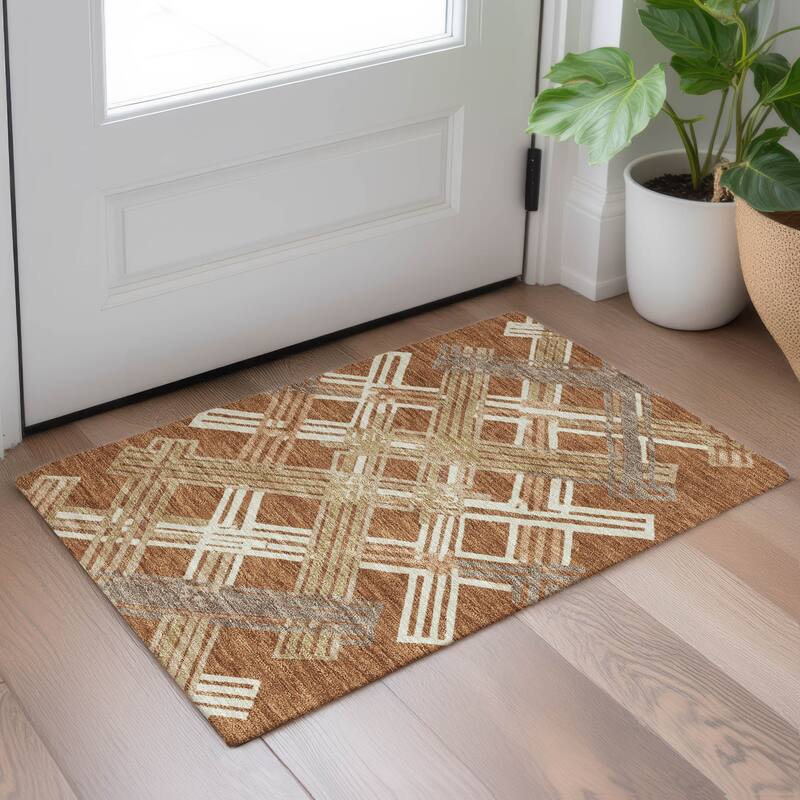 Machine Washable Indoor/ Outdoor Modern Trellis Chantille Rug