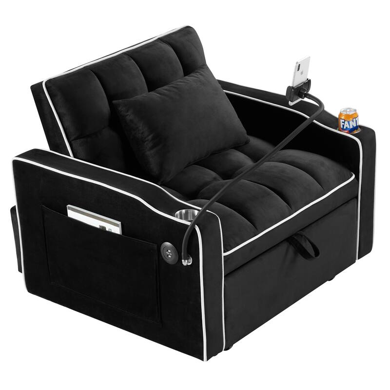 Sleeper Chair Sofa Bed with USB & Type-C Charging, Pull-Out Chaise Lounge, and Cup Holders
