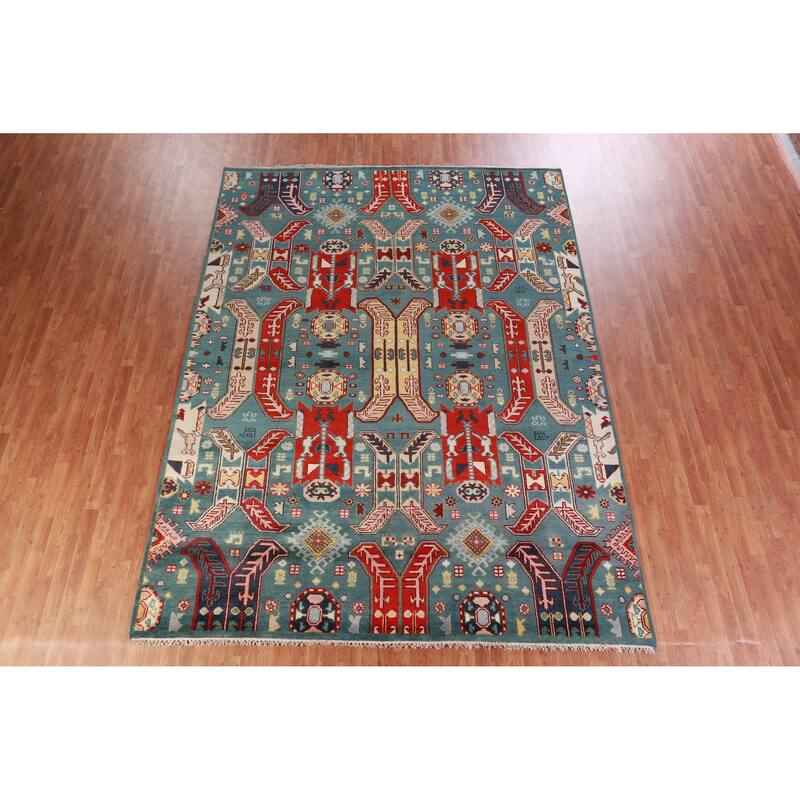 Hand Knotted Oriental 100% Wool Carpet Traditional All-Over Navy Blue & Blues Kazak Area Rug - 12' 1'' X 9' 1''