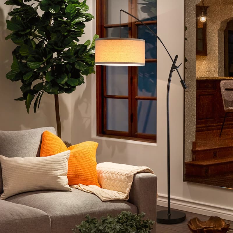 Brightech Grayson 84 in. Mid-Century Modern Height Adjustable LED Floor Lamp with Beige Fabric Drum Shade