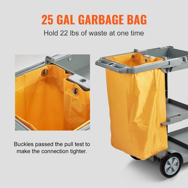 Cleaning Cart, 3-Shelf Commercial Janitorial Cart, 200 lbs Capacity Plastic Housekeeping Cart, with 25 Gallon PVC Bag