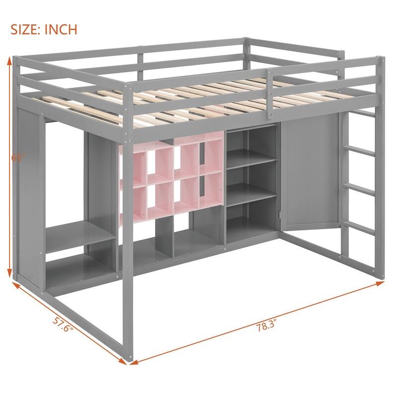 Twin/Full Size Loft Bed with Wardrobe and Cabinet, Wooden Loft Bedframe with Storage Shelves, Ladder and Guardrail for Kids