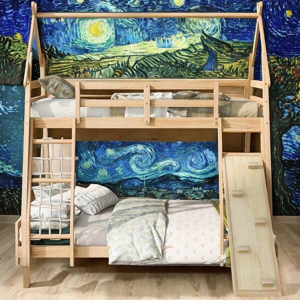 slide 2 of 29, Twin Over Queen House Bunk Bed With Climbing Nets And Climbing Ramp for Home Natural