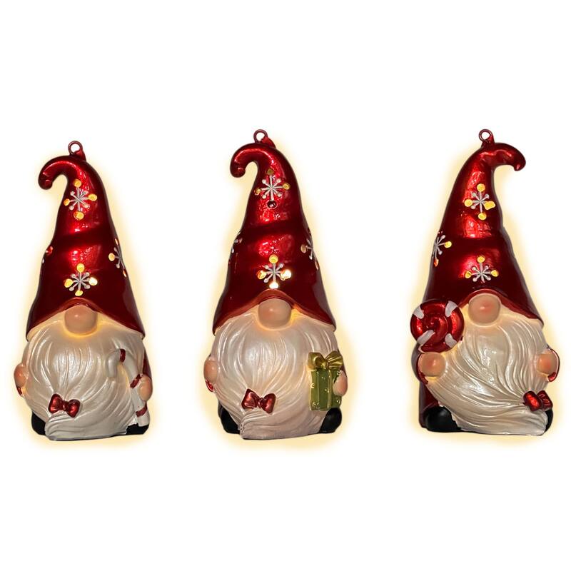 HomeRoots Set of Three Red and White Santa Gnome LED Light Up Christmas Ornaments - 2.5