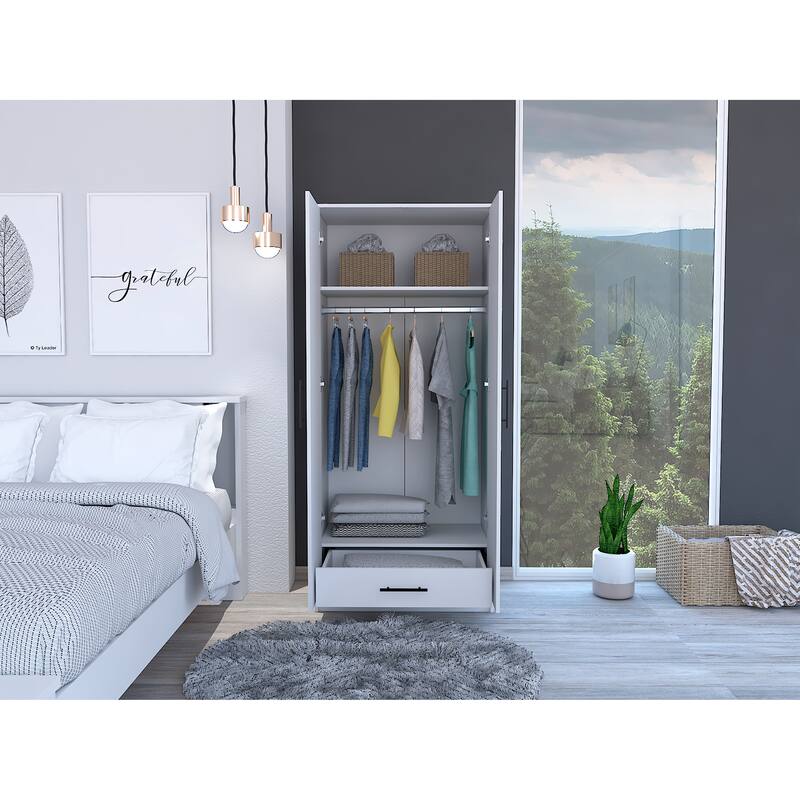 19.69" Modern Double-door Armoire with Hanging Rod, Spacious Top Shelf and Bottom Drawer