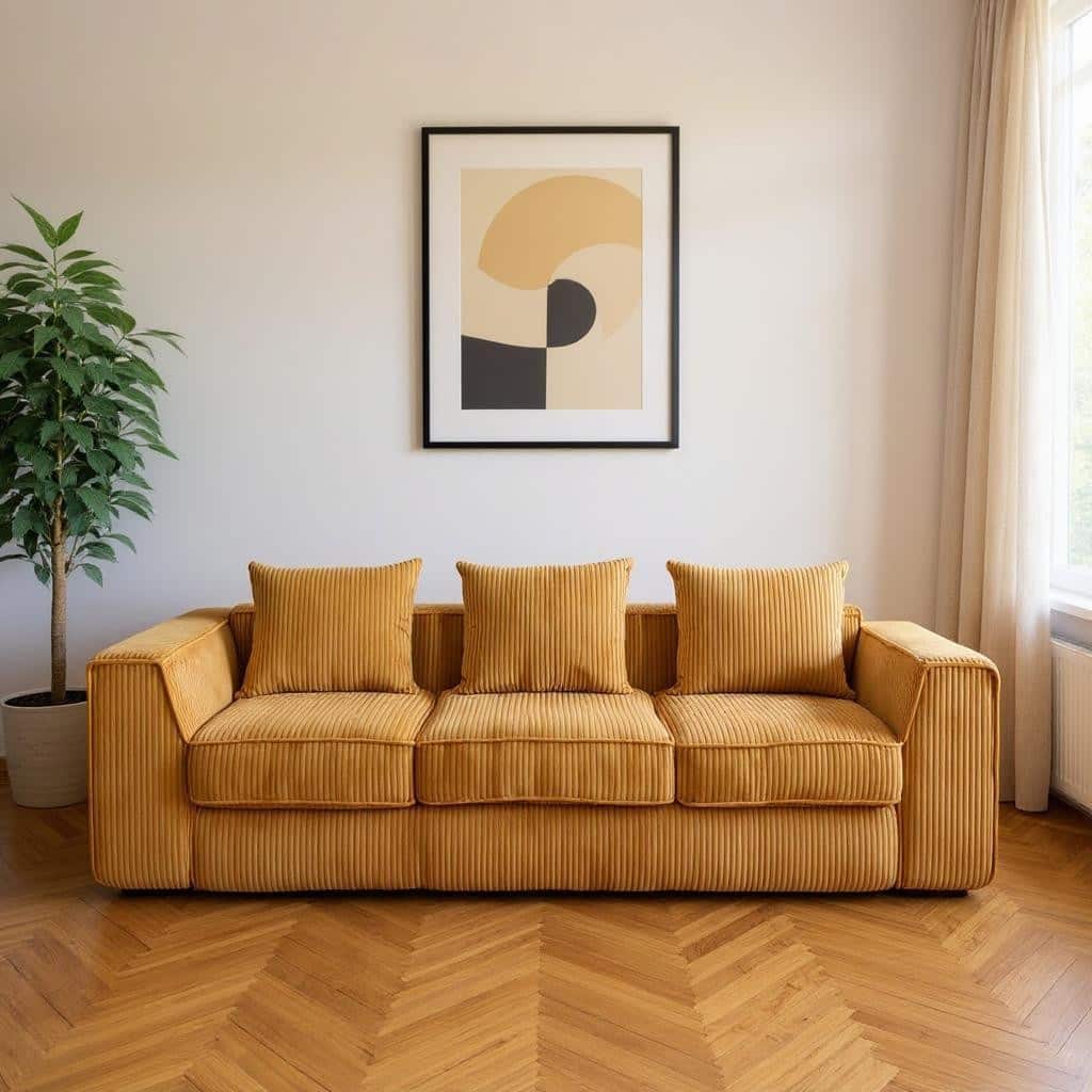 HomeRoots 111" Gold Corduroy Modular Ribbed Compression Foam Sofa With Toss Pillows