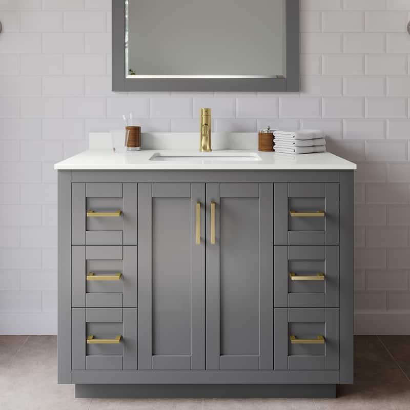 Wyndham Collection WCF292942S-QTZ-UNSM34 Miranda 42" Free Standing - Dark Gray / White Quartz Top / Brushed Gold