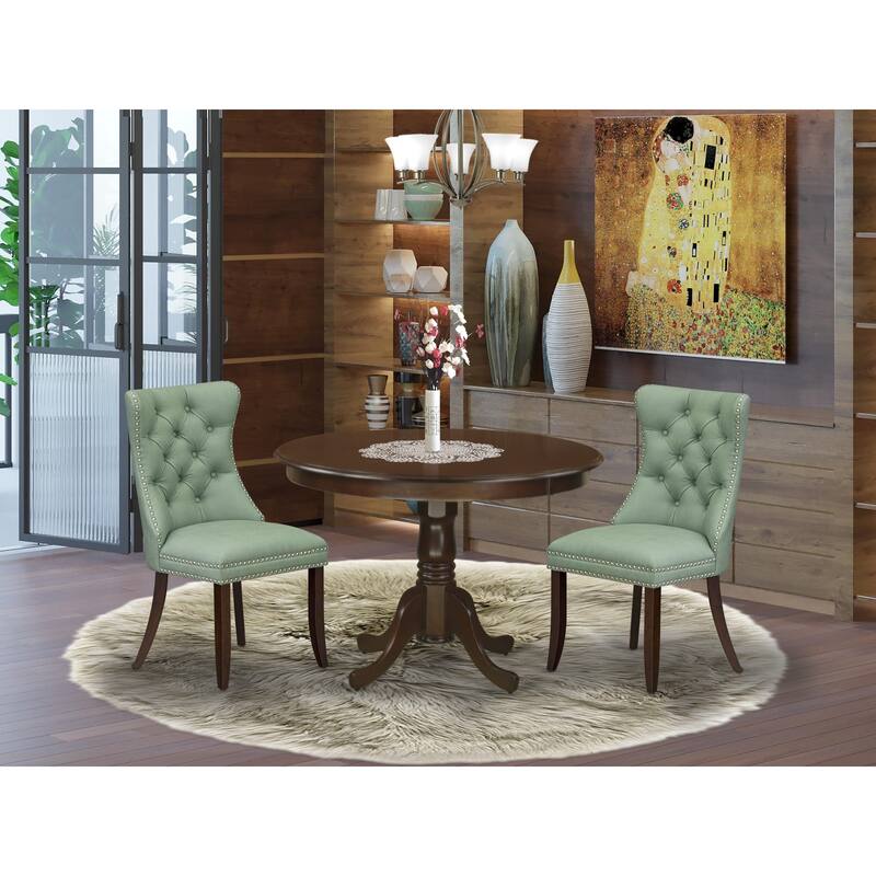 East West Furniture Kitchen Table Set Includes a Round Dining Table and Upholstered Chairs, Mahogany (Pieces Options) - HLDA3-MAH-22