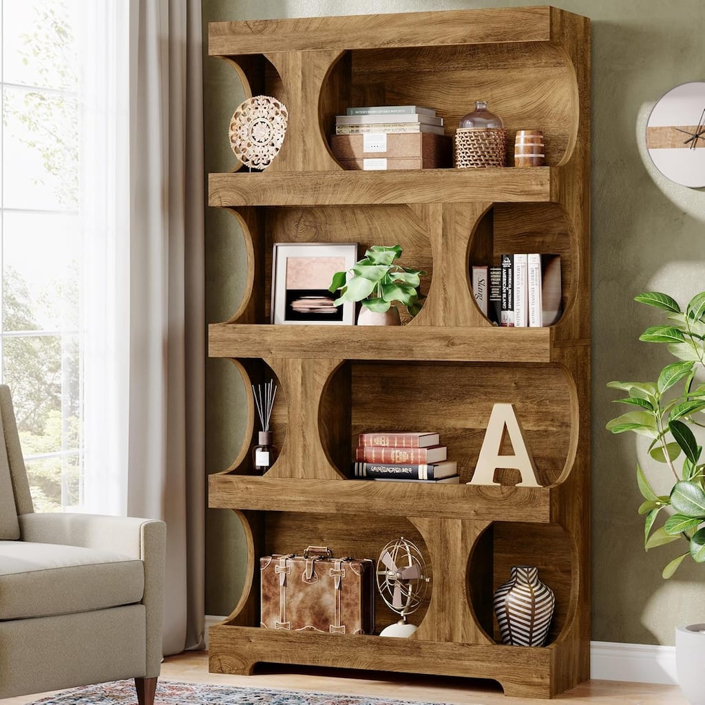 71" Tall Bookcase, 4-Tier S-Shaped Bookshelf, Wood Decorative Storage Shelving