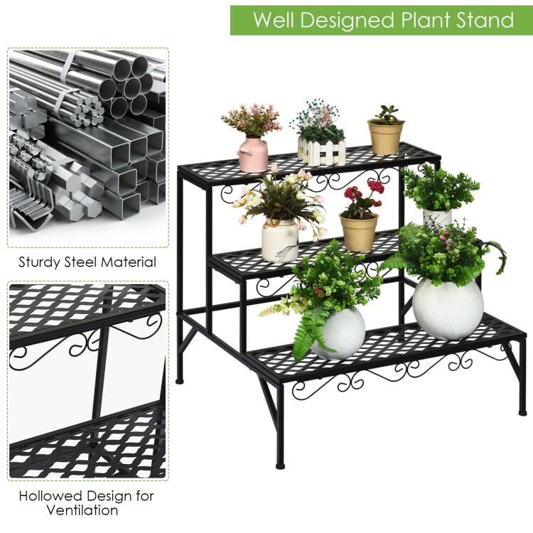3 Tier Metal Plant Stand Ladder Design Indoor Outdoor Use - 27.5" x 24" x 24" (L x W x H)