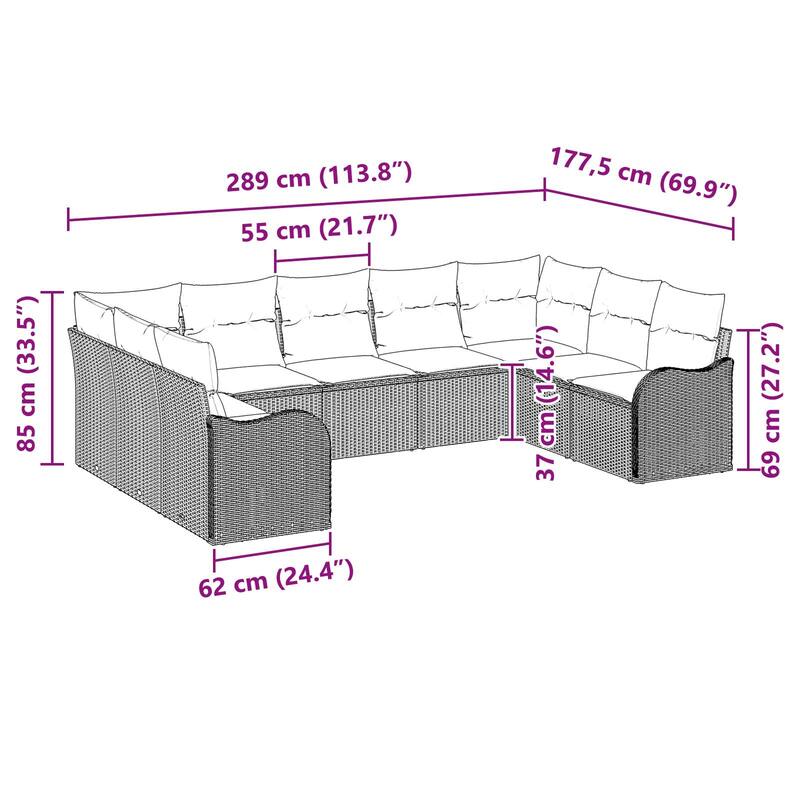 vidaXL 9/10 Garden Sofa Set with Cushions Black/Brown/Grey Poly Rattan - 113.8 x 69.9 x 27.2
