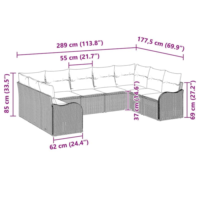 vidaXL 9 Garden Sofa Set with Cushions Black Poly Rattan - 113.8 x 69.9 x 27.2