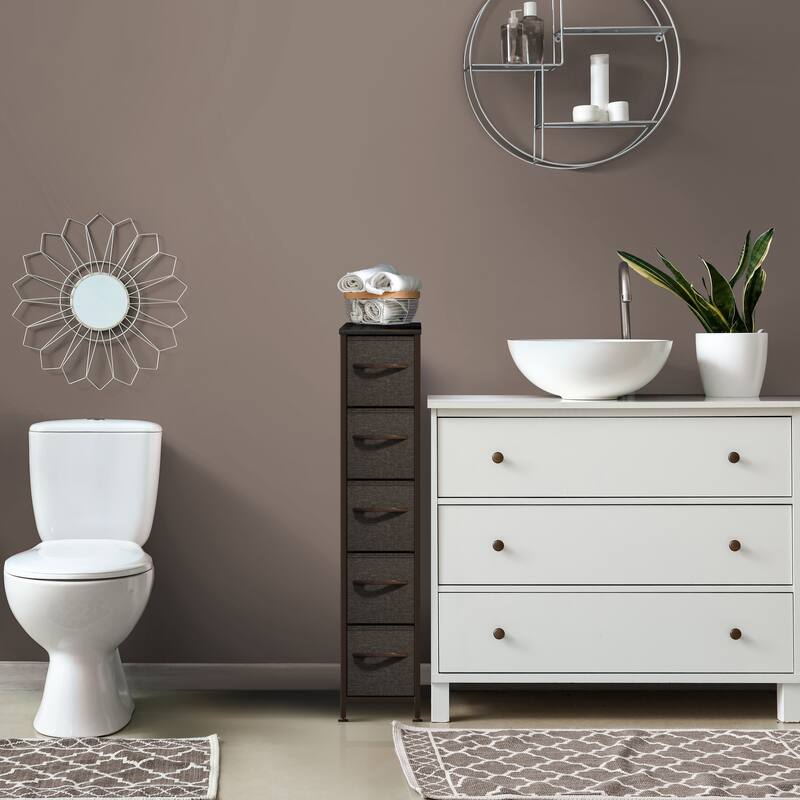 Sorbus Narrow Dresser with 5 Drawers - Vertical Slim Storage Chest of Drawers with Steel Frame, Wood Top & Easy Pull Fabric Bins