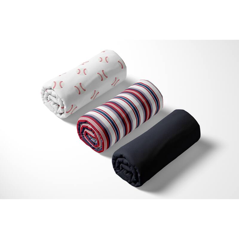 Sweet Jojo Designs Baseball Sports Boy 3 Pack Fitted Crib Sheets - Red, White and Blue Stripes, Solid Navy and Americana Sport