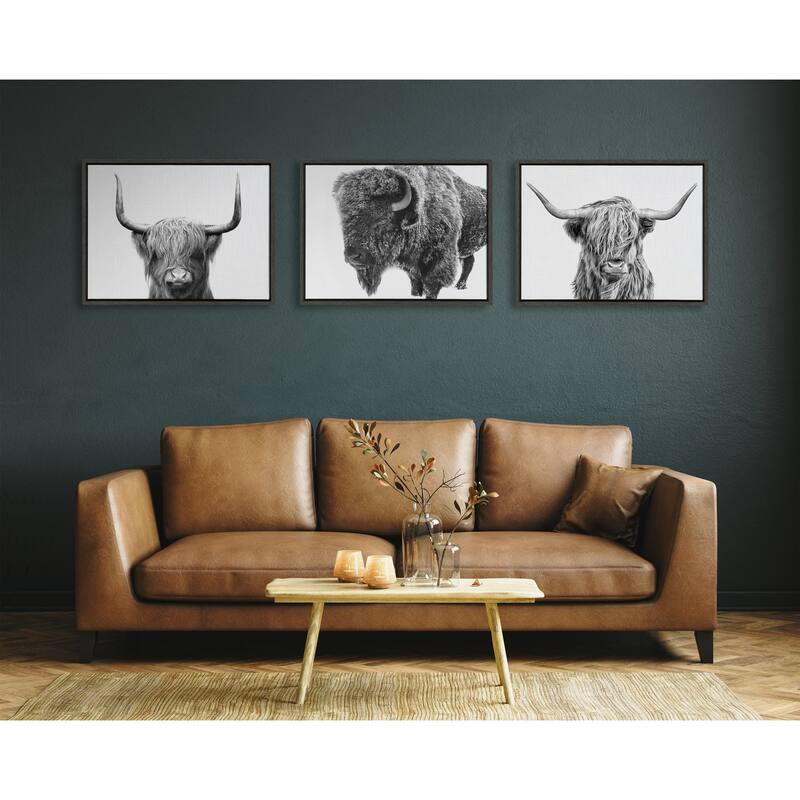 Kate and Laurel Sylvie Bison in Snow Black and White Framed Canvas by Amy Peterson Art Studio