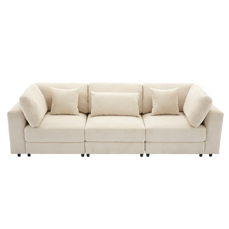 Beige Corduroy Upholstered 3-seater Sofa with Removable Cushions