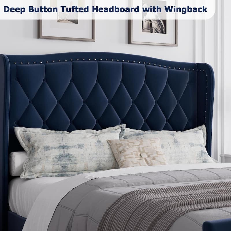 Bed Frame Velvet Upholstered Platform Bed with Wing Side Headboard
