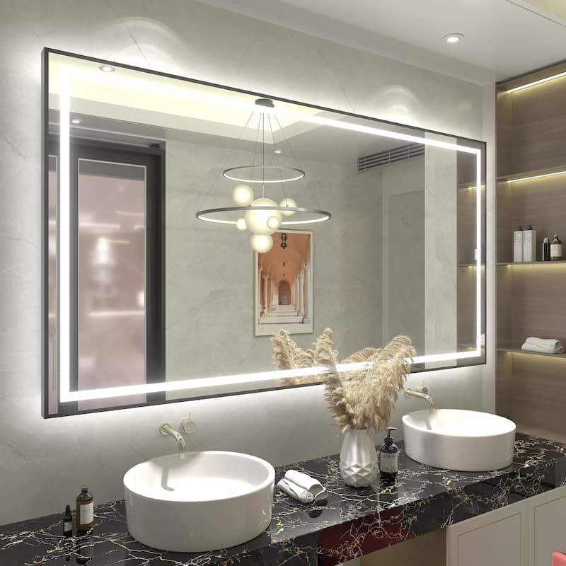 Black Metal Framed LED Front Light and Backlit Anti-Fog Wall Bathroom/ Vanity Mirror - 66" x 36"-Square Corner - Black
