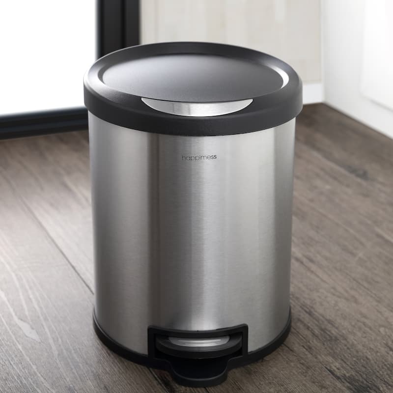 happimess Oscar Round 8-Gallon Step-Open Trash Can with FREE Mini Trash Can, Stainless Steel/Black