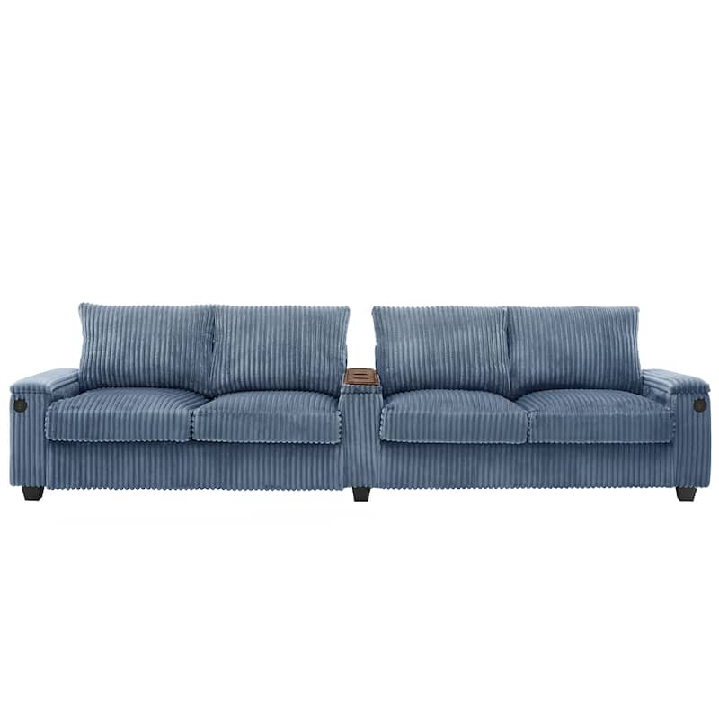 4 Seater Corduroy Sofa Couch with USB Ports and Storage Arms, 133" Modern Sofa with Side Pockets and Flip-Top Cup Holders