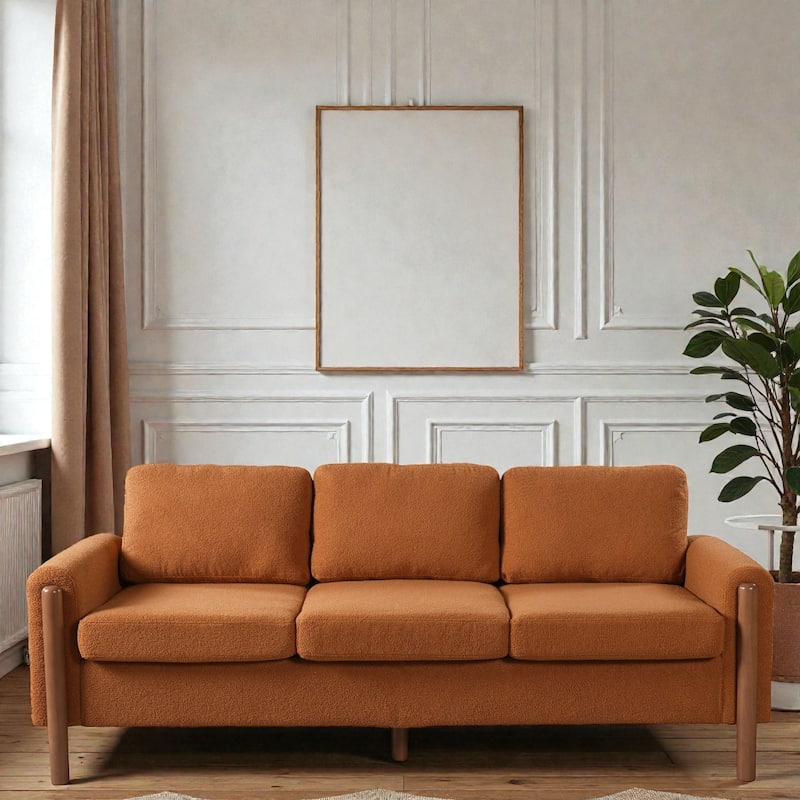 83.86 Inch 3-Seater Sofa with Curved Armrests, Teddy Velvet Upholstery, Solid Wood Legs, High Weight Capacity