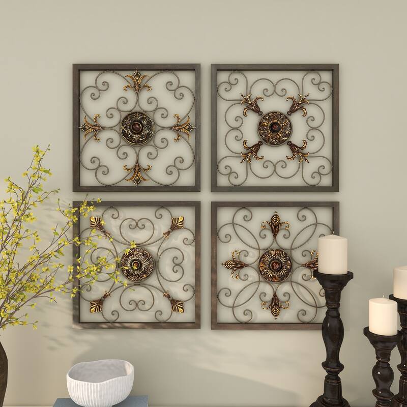 Brown Metal Wire Scroll Fleur De Lis Home Wall Decor with Gold Accents (Set of 4)