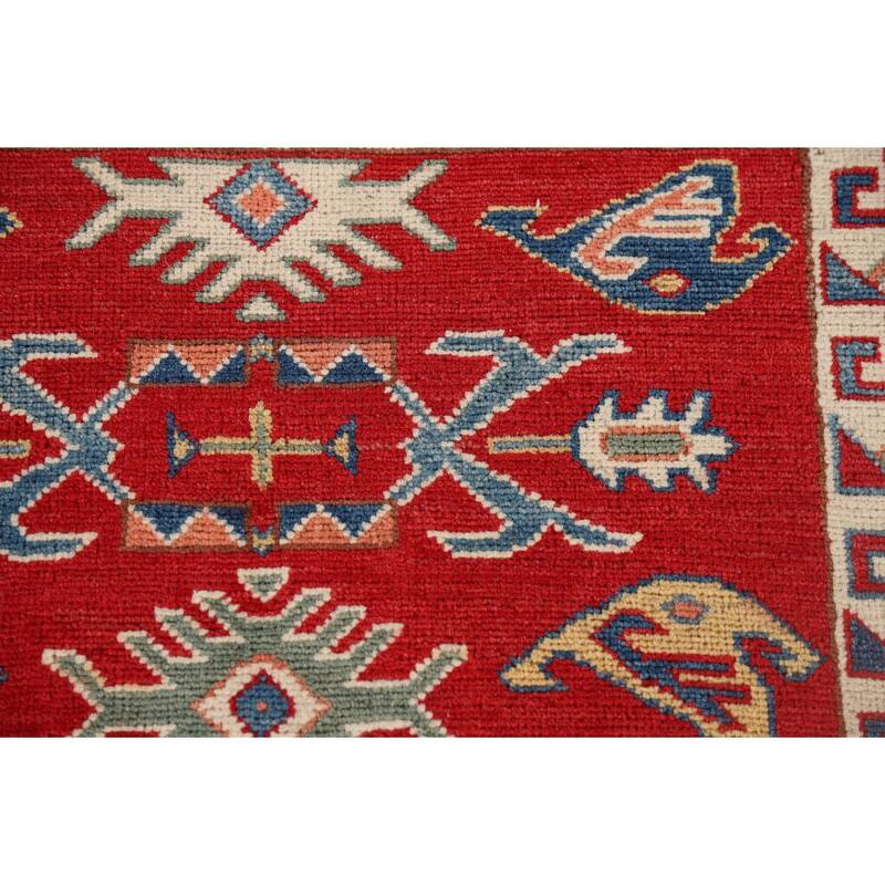 Red Geometric Kazak Oriental Runner Rug Handmade Wool Carpet - 2'7" x 9'8"