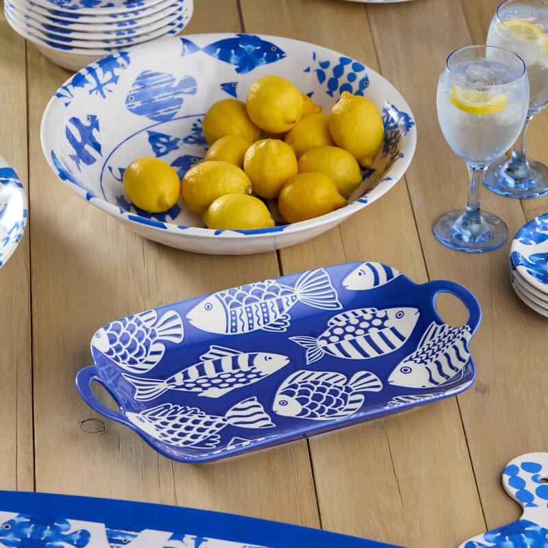 Certified International Fish Tale Porcelain Rectangular Tray with Handles - 14.25"L x 8.00"W x 1.50"H