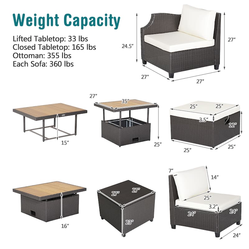 Costway 7pcs Patio Outdoor PE Wicker Cushioned Furniture Conversation - 35'' x 27'' x 15'' (L x W x H)