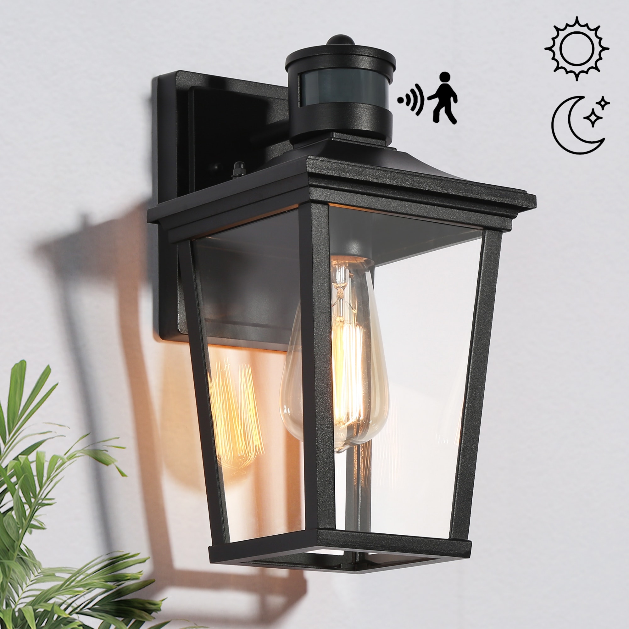 Modern Farmhouse Dusk to Dawn Outdoor Glass Wall Sconce Black Patio Lantern - L6.5" x W7.7" x H12"