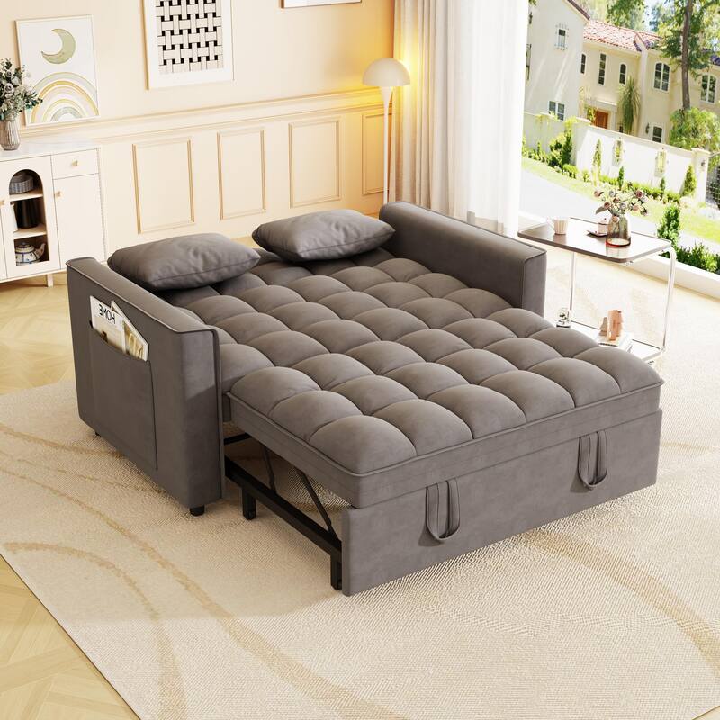 Anmytek Modern Velvet Small Loveseat Pull Out Sleeper Sofa Bed with Pillows and Side Pockets
