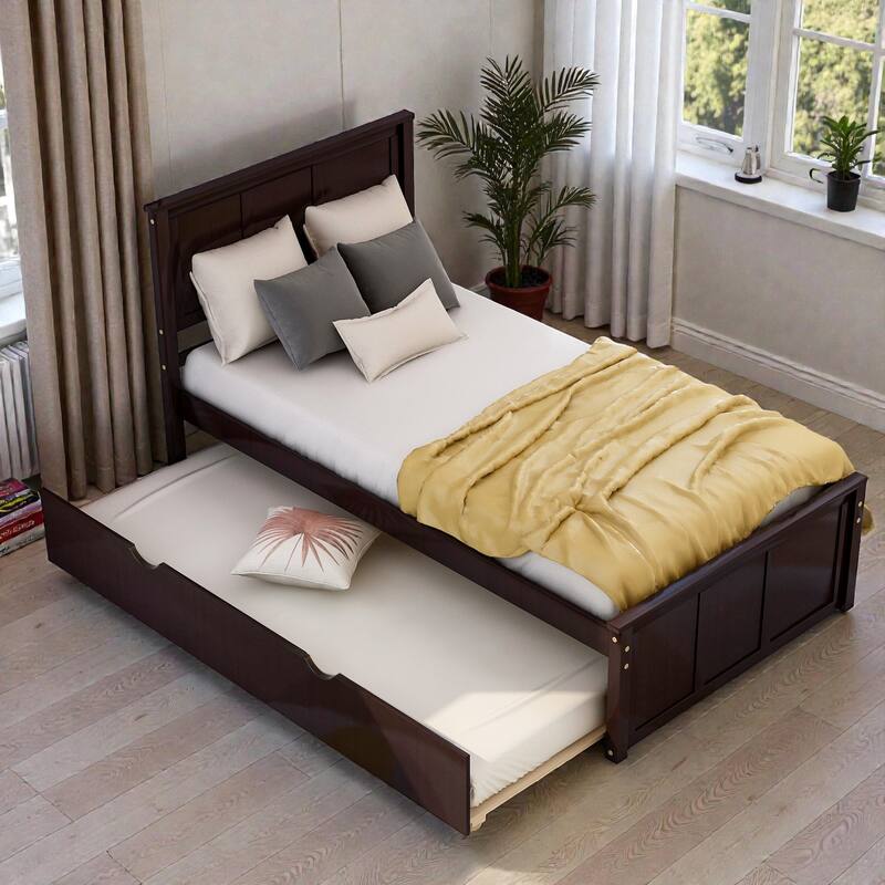 Twin Size Platform Bed with Trundle, Solid Wood Frame, Space-Saving Design, Pine & MDF Construction, No Box Spring Needed