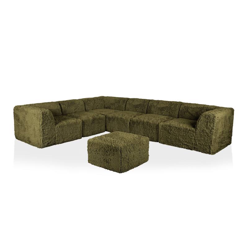 Furniture of America Ylena Modern 7-Piece Faux Fur Foam Modular Compressed Sectional Sofa with Ottoman