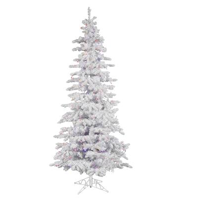 Vickerman 7.5' Flocked White Slim Artificial Christmas Tree, Multi-Colored LED Lights