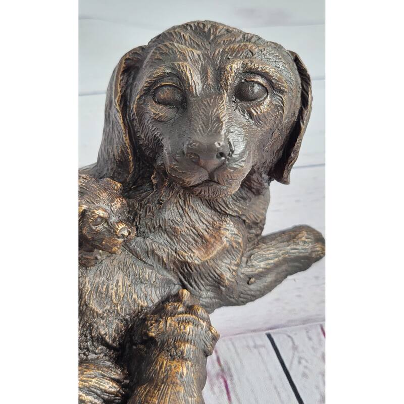 Labrador Retriever And Puppy Bronze Sculpture Imitative Dog Figure Figurine Decor 4 Inches X 8 Inches