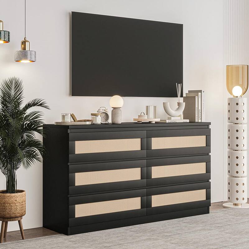 Rattan Dresser for Bedroom, Modern 6 Drawer Double Dresser with Anti-Tip Kit