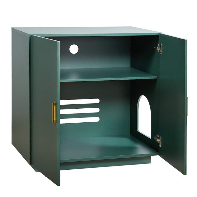 Dark Green P2 Particle Board Cat Litter Box Enclosure with Gold Handles - 31.50 × 19.69 × 31.10 inch