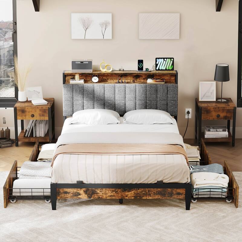 Moasis Storage Platform Bed Frame with Power Outlets and 4 Storage Drawers