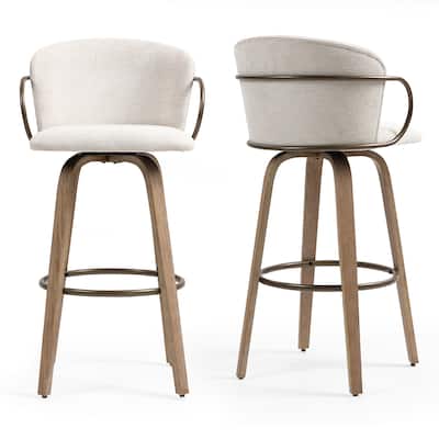 Set of 2 Bette Beige Woven Fabric Swivel Bar Stool with Wood Legs