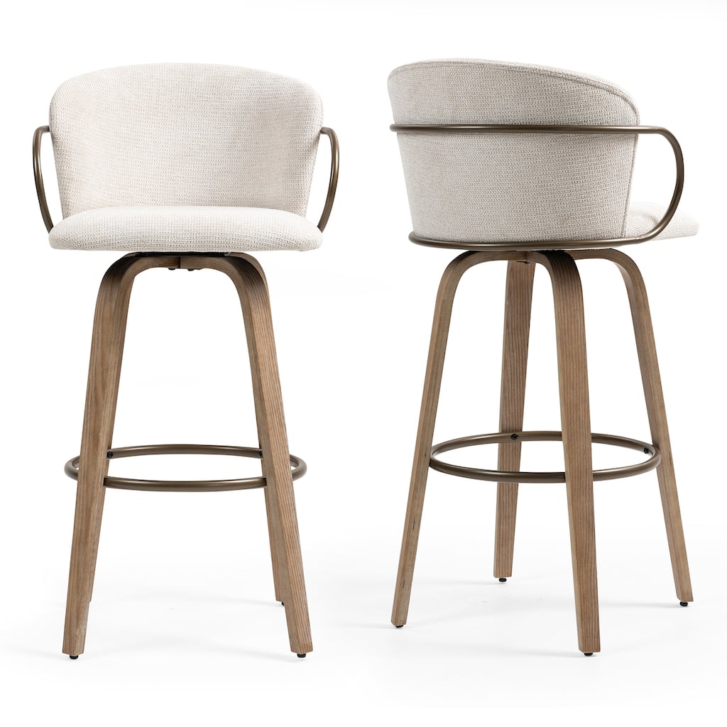 Set of 2 Bette Beige Woven Fabric Swivel Bar Stool with Wood Legs
