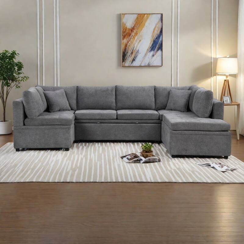 117.3" Chenille U-Shaped Sectional Sofa Bed with 2 Throw Pillows - Gray