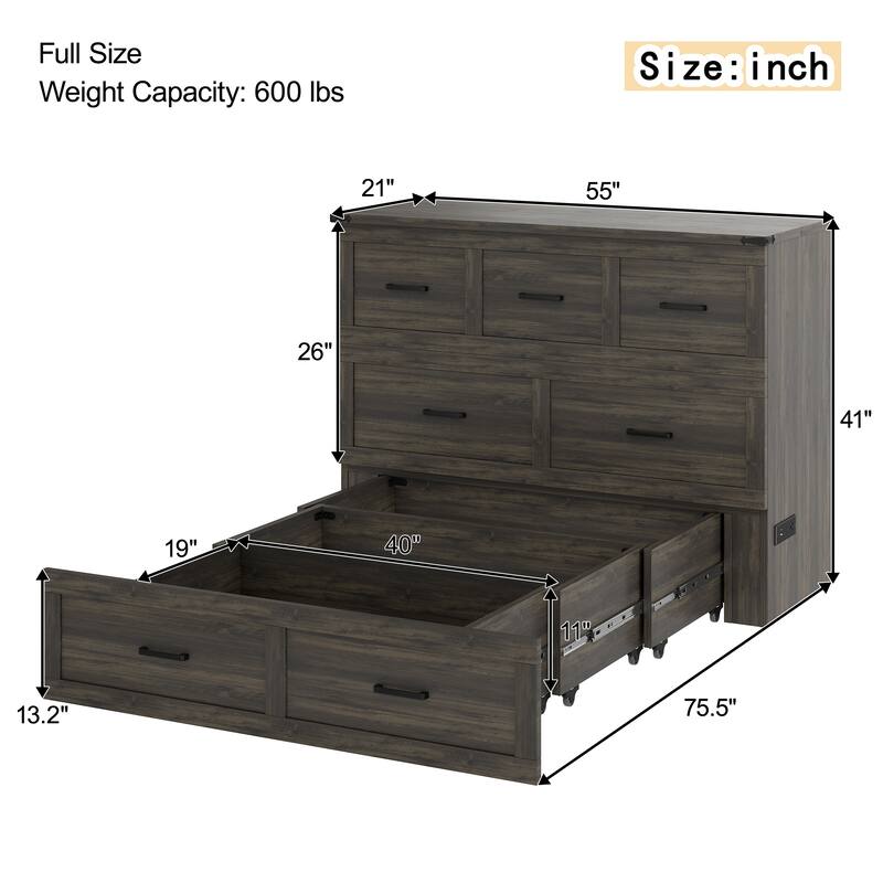 Full Size Foldable Cabinet Bed with Charging Station and Storage Drawer, Rustic Gray