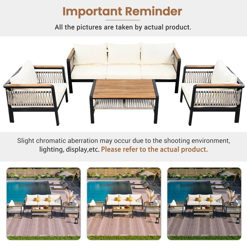 4 Pieces Outdoor Sectional Sofa Set 5 Person Patio Woven Rope Conversation Sofa Set with Removable Cushions and Coffee Table
