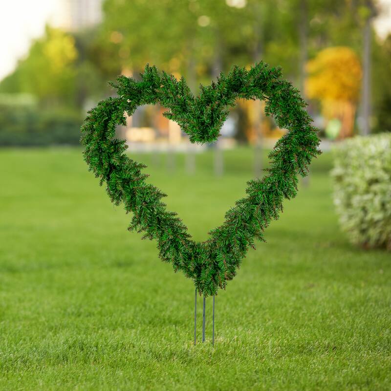 22" Green Pine Artificial Heart Shape Wreath with Ground Stakes Unlit